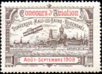 un biplan évolue au-dessus d'une vue groupant les casinos des trois plages. "concours d'aviation. Dunkerque-Malo-les-Bains-Rosendael. août septembre 1909